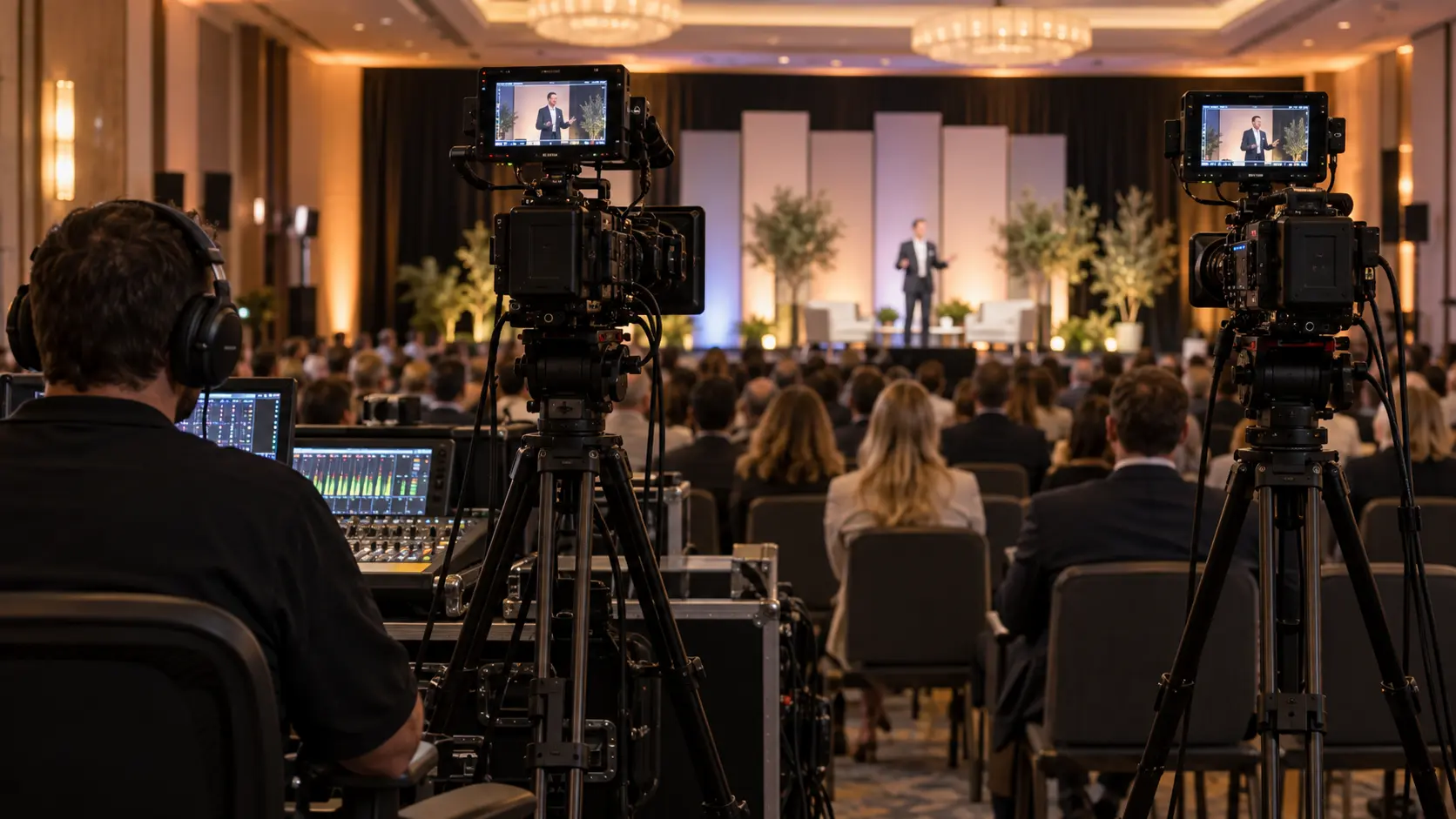 Corporate Event Photography and Video in Munich: How to Plan Both for the Same Day 4 Two video cameras on tripods film a speaker on stage while a sound engineer with headphones works at a mixing console on the left
