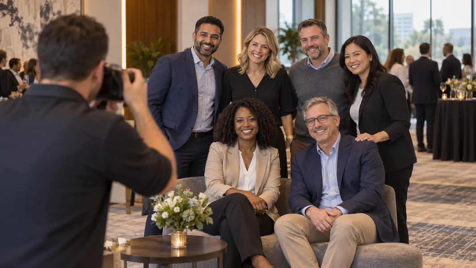 Firmenevent fotografieren und filmen lassen: So planst du Foto und Video an einem Tag 2 Firmenevent fotografieren lassen: Sechs Mitarbeitende in Businesskleidung posieren lächelnd für ein Gruppenfoto, zwei sitzen in Sesseln, vier stehen dahinter