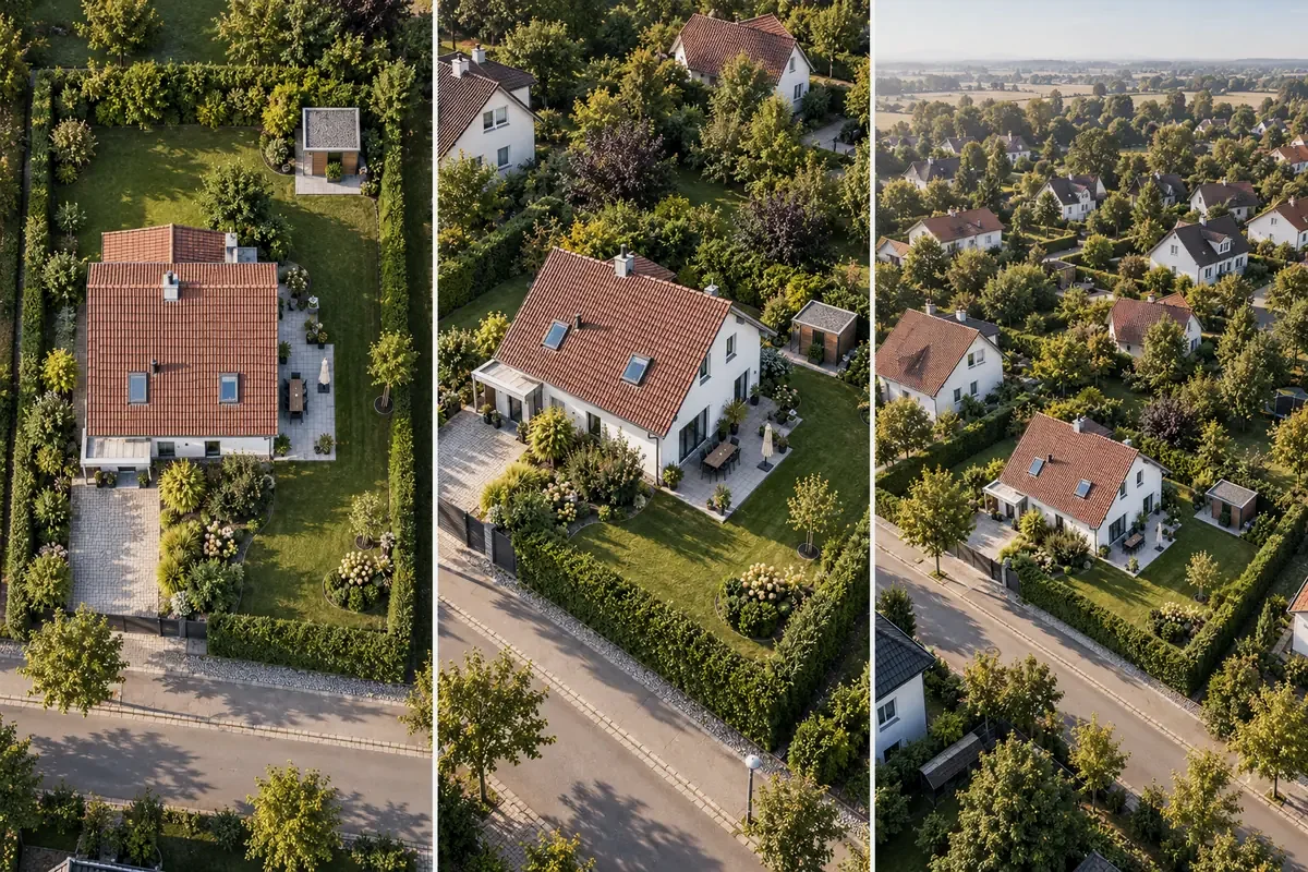 Luftbilder von Haus und Grundstück: Wann der Drohnenflug erlaubt ist und wie du ihn vorbereitest 4 Dasselbe Grundstück als Senkrechtaufnahme, Schrägaufnahme und Lagepanorama nebeneinander