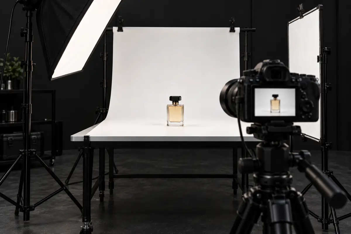 Product Photos for Your Online Shop: Requirements, Preparation and the Studio Workflow 3 Product photo shoot in a black studio: perfume flacon on the product table with a white sweep, a camera on a tripod in the foreground whose screen shows the complete flacon